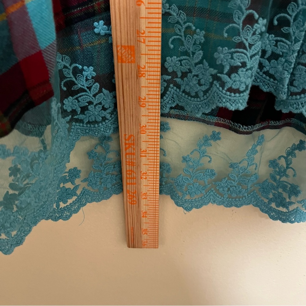 Soft Surroundings M Adeline Button Down Plaid Turquoise Lace Hem Tunic - Picture 8 of 8